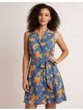 ModCloth Blue Floral Western Midi Dress 1X Button Front Tie Waist Cowboy Print